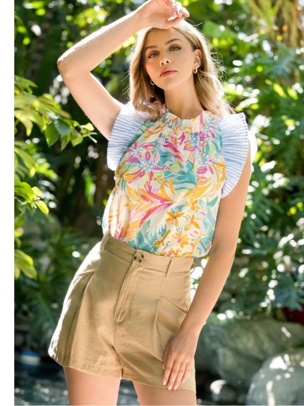 THML Multicolor Floral Ruffle-Sleeve Top with Blue-White Stripes